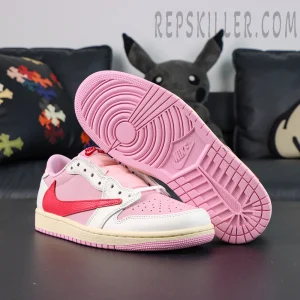 Travis Scott x Jordan 1 Low OG “Tropical Pink” sneakers, outsole-up view with pink rubber traction pattern