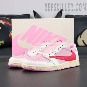 Travis Scott x Jordan 1 Low OG “Tropical Pink” sneakers displayed with original shoebox, side angle view