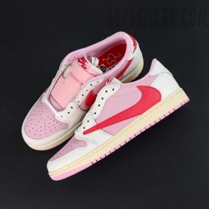 Travis Scott x Jordan 1 Low OG “Tropical Pink” sneakers, top-down view showing overall upper and lace arrangement