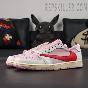 Side-angle pair shot of the Travis Scott x Air Jordan 1 Low OG “Tropical Pink” highlighting the layered pink and white leather panels.