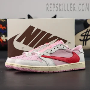 Travis Scott x Air Jordan 1 Low OG “Tropical Pink” displayed with the special Nike box behind the shoes.