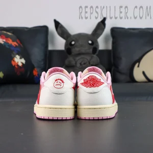 Travis Scott x Jordan 1 Low OG “Tropical Pink” sneakers, straight rear view with Air Jordan Wings and collaboration embroidery