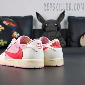 Travis Scott x Jordan 1 Low OG “Tropical Pink” sneakers, rear side angle showing pink accents and heel profile