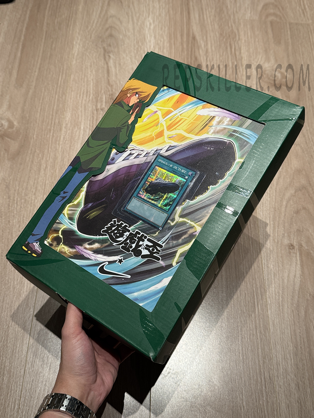 Top lid of the Yu-Gi-Oh! Air Max Muscle 95 QS “Joey” box featuring Joey Wheeler artwork and Winds of Victory card graphic.