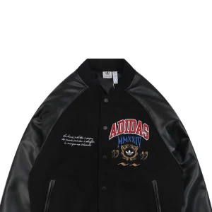 Adidas Originals Embroidered Crest Leather Sleeve Varsity Jacket