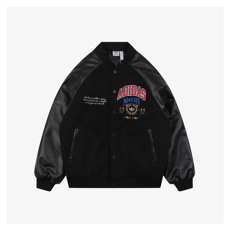 Adidas Originals Embroidered Crest Leather Sleeve Varsity Jacket