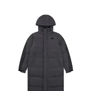Adidas Three-Stripes Hooded Long Down Jacket Grey