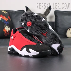 Air Jordan 14 Gym Red outsole and overall angle with black traction pattern