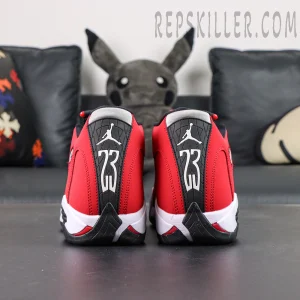 Air Jordan 14 Gym Red rear view featuring “23” and Jumpman logo