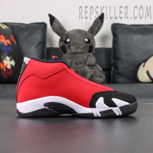 Air Jordan 14 Gym Red side profile with red upper and black-and-white midsole