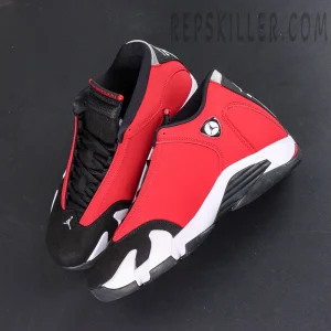 Top-down view of Air Jordan 14 Gym Red in classic red and black colorway