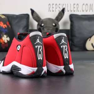 Air Jordan 14 Gym Red heel angled detail with carbon-fiber style panel