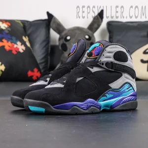 Air Jordan 8 Retro Aqua three-quarter view showing cross straps and iconic color blocking