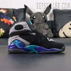Air Jordan 8 Retro Aqua side view, black and grey suede upper with purple and aqua midsole accents