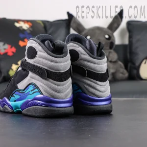 Air Jordan 8 Retro Aqua angled heel view highlighting aqua graphic panel and sculpted midsole