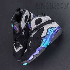 Air Jordan 8 Retro Aqua top view showcasing embroidered tongue patch and padded collar
