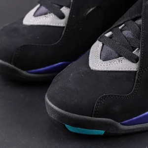 Air Jordan 8 Retro Aqua toe box close-up with black suede and grey trim details