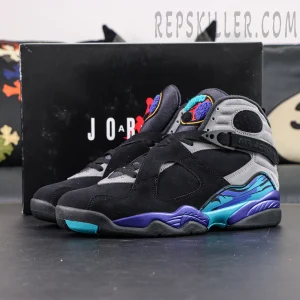 Air Jordan 8 Retro Aqua displayed with original shoebox, classic retro basketball silhouette