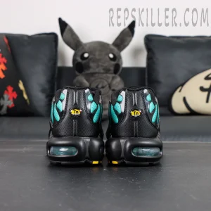 Nike Air Max Plus Black Dusty Cactus rear view showing symmetrical heel design with black and dusty cactus accents