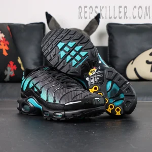 Nike Air Max Plus Black Dusty Cactus outsole view with multi-directional traction pattern and Tuned Air system