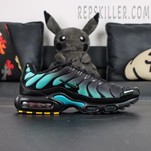 Nike Air Max Plus Black Dusty Cactus single shoe lateral view featuring Swoosh logo and dusty cactus midsole accents