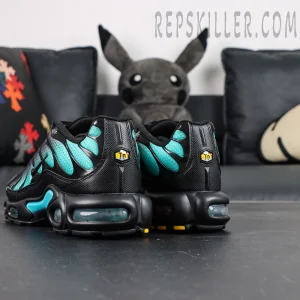 Nike Air Max Plus Black Dusty Cactus heel view featuring Tn Air badge and visible air cushioning