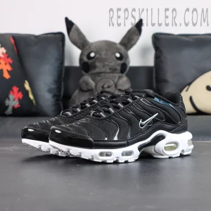 Multi-angle showcase of Nike Air Max Plus Black White, classic TN running shoe design
