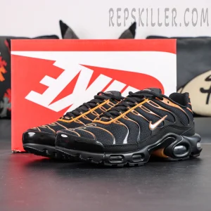Nike Air Max Plus Dark Obsidian Monarch black and orange colorway front view with box