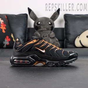 Nike Air Max Plus Dark Obsidian Monarch side view with orange Nike Swoosh