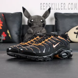 Nike Air Max Plus Dark Obsidian Monarch full pair display black and orange colorway