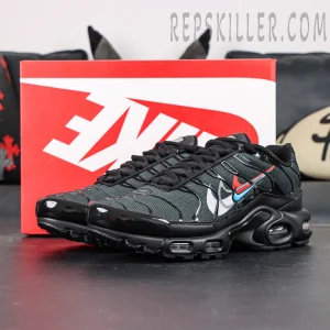 Nike Air Max Plus Multi Swoosh Black Bright Crimson displayed in front of original Nike shoe box