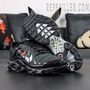 Nike Air Max Plus Multi Swoosh Black Bright Crimson front view with outsole, black mesh upper with colorful Swoosh details