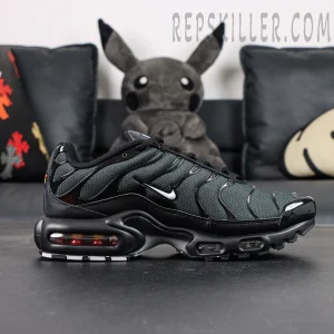 Side view of Nike Air Max Plus Multi Swoosh Black Bright Crimson showing visible Air Max cushioning
