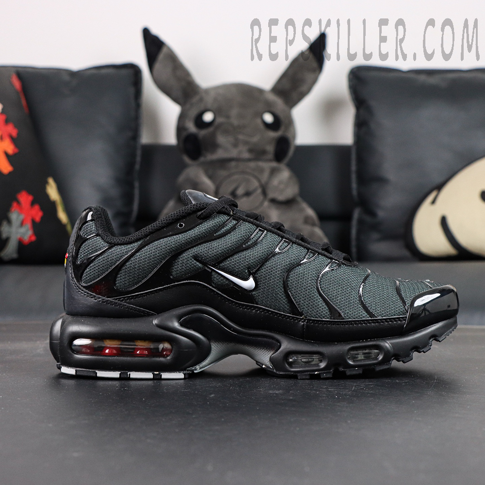 Side view of Nike Air Max Plus Multi Swoosh Black Bright Crimson showing visible Air Max cushioning