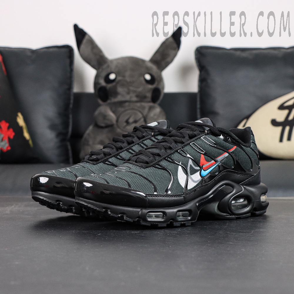 Full display of Nike Air Max Plus Multi Swoosh Black Bright Crimson featuring black base with red and blue Swoosh accents