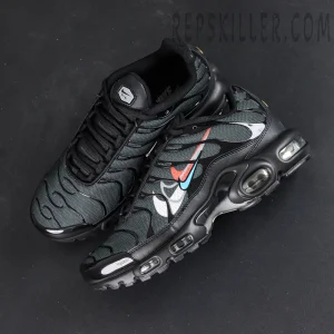 Top view of Nike Air Max Plus Multi Swoosh Black Bright Crimson highlighting upper texture and multi-color Swoosh design