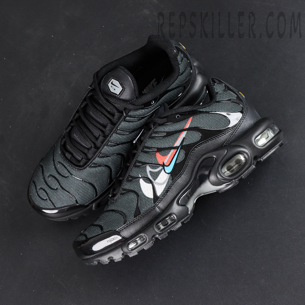 Top view of Nike Air Max Plus Multi Swoosh Black Bright Crimson highlighting upper texture and multi-color Swoosh design