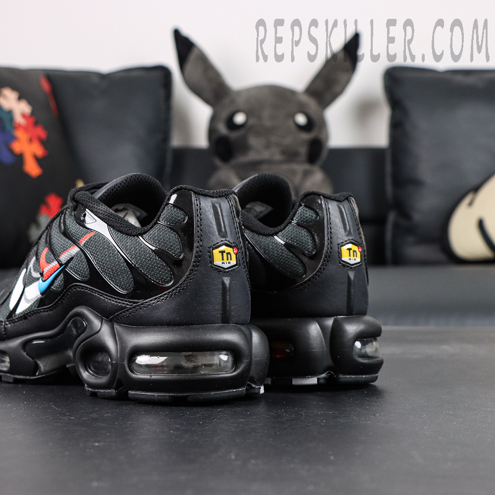 Rear angle view of Nike Air Max Plus Multi Swoosh Black Bright Crimson showing TN Air logo and heel Air unit