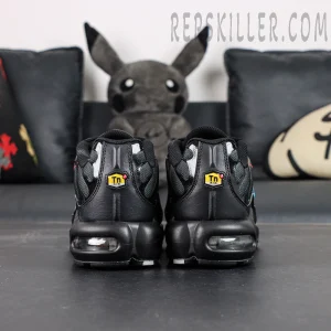 Back view of Nike Air Max Plus Multi Swoosh Black Bright Crimson with symmetrical TN Air branding