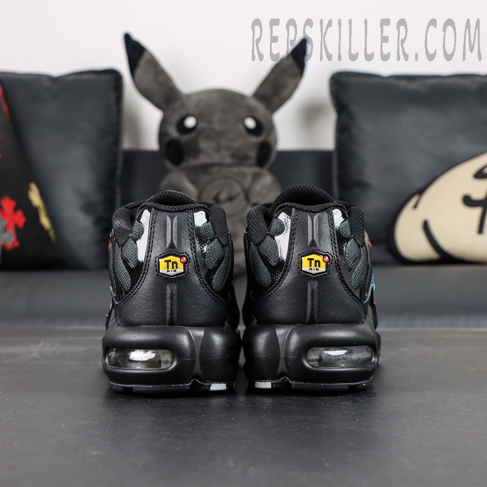 Back view of Nike Air Max Plus Multi Swoosh Black Bright Crimson with symmetrical TN Air branding