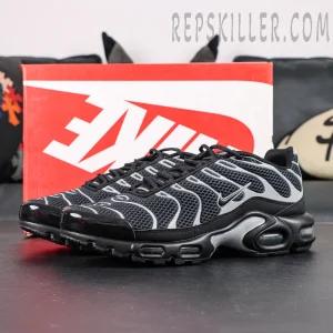 Nike Air Max Plus Premium Black Metallic Silver sneakers front view with Nike shoe box