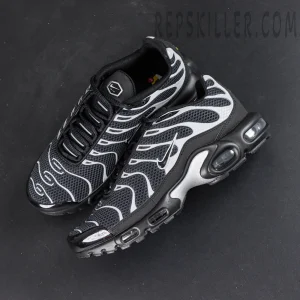 Nike Air Max Plus Premium Black Metallic Silver sneakers top view with black mesh upper and metallic silver overlays