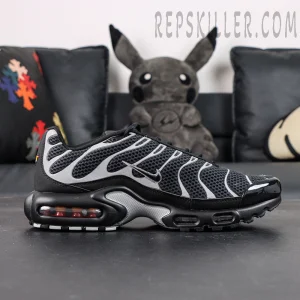 Nike Air Max Plus Premium side view featuring metallic silver overlays and Nike Swoosh