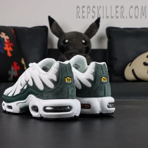 Air Max Plus Premium White Vintage Green heel view with TN Air branding