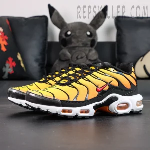 Nike Air Max Plus “Sunset” colorway sneakers front 45-degree overall view