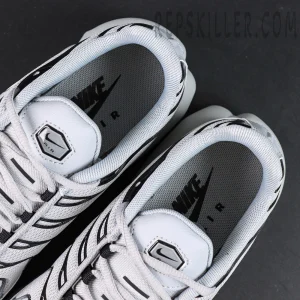 Top-down view of Nike Air Max Plus TN Wolf Grey showing insole branding and tongue Nike Air logo