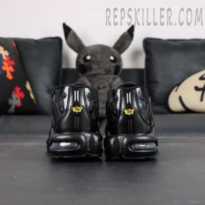 Nike Air Max Plus Triple Black sneakers rear heel view with Tuned Air logo