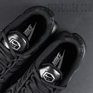 Nike Air Max Plus Triple Black sneakers top view showing tongue and insole