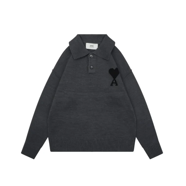 Ami Heart Logo Polo Knit Sweater Black Front view