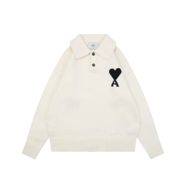 Ami Heart Logo Polo Knit Sweater White Front view